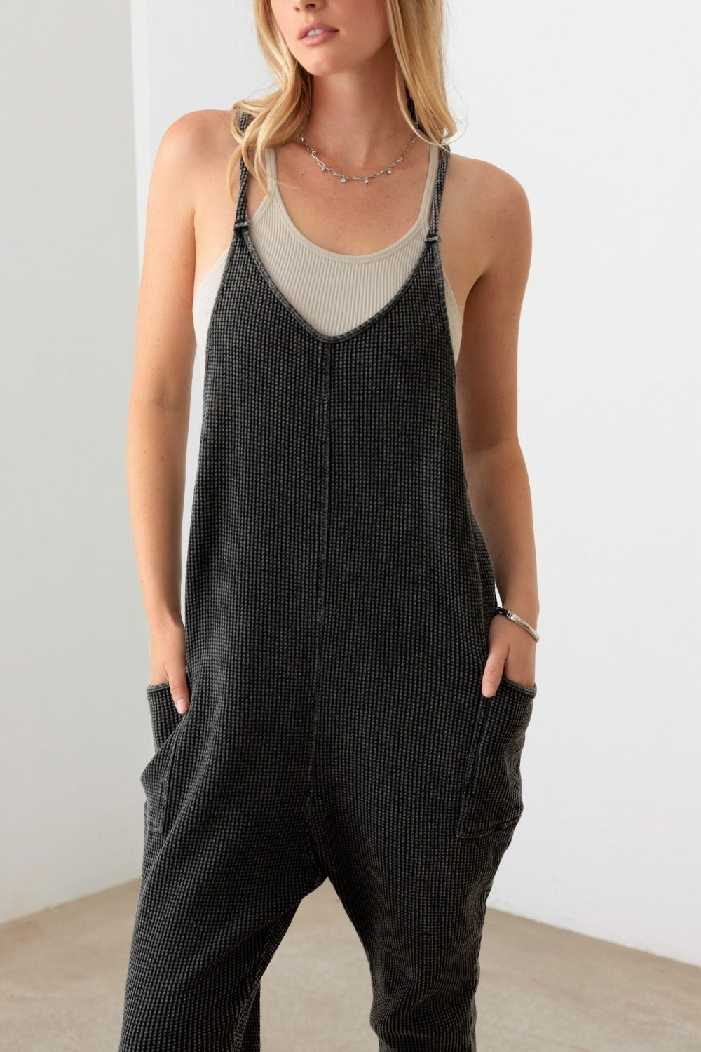 Le Lis Waffle Knit Side Pocket Jumpsuit Sunset and Swim   