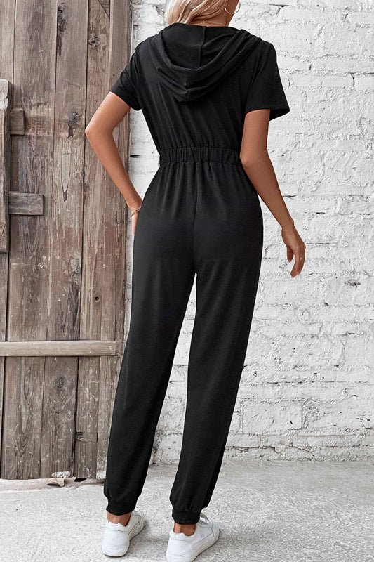 Zip-Up Short Sleeve Hooded Jumpsuit with Pockets Sunset and Swim   