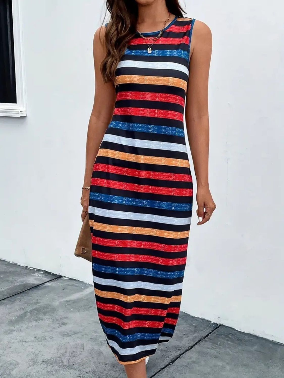 Slit Printed Round Neck Sleeveless Dress Sunset and Swim   