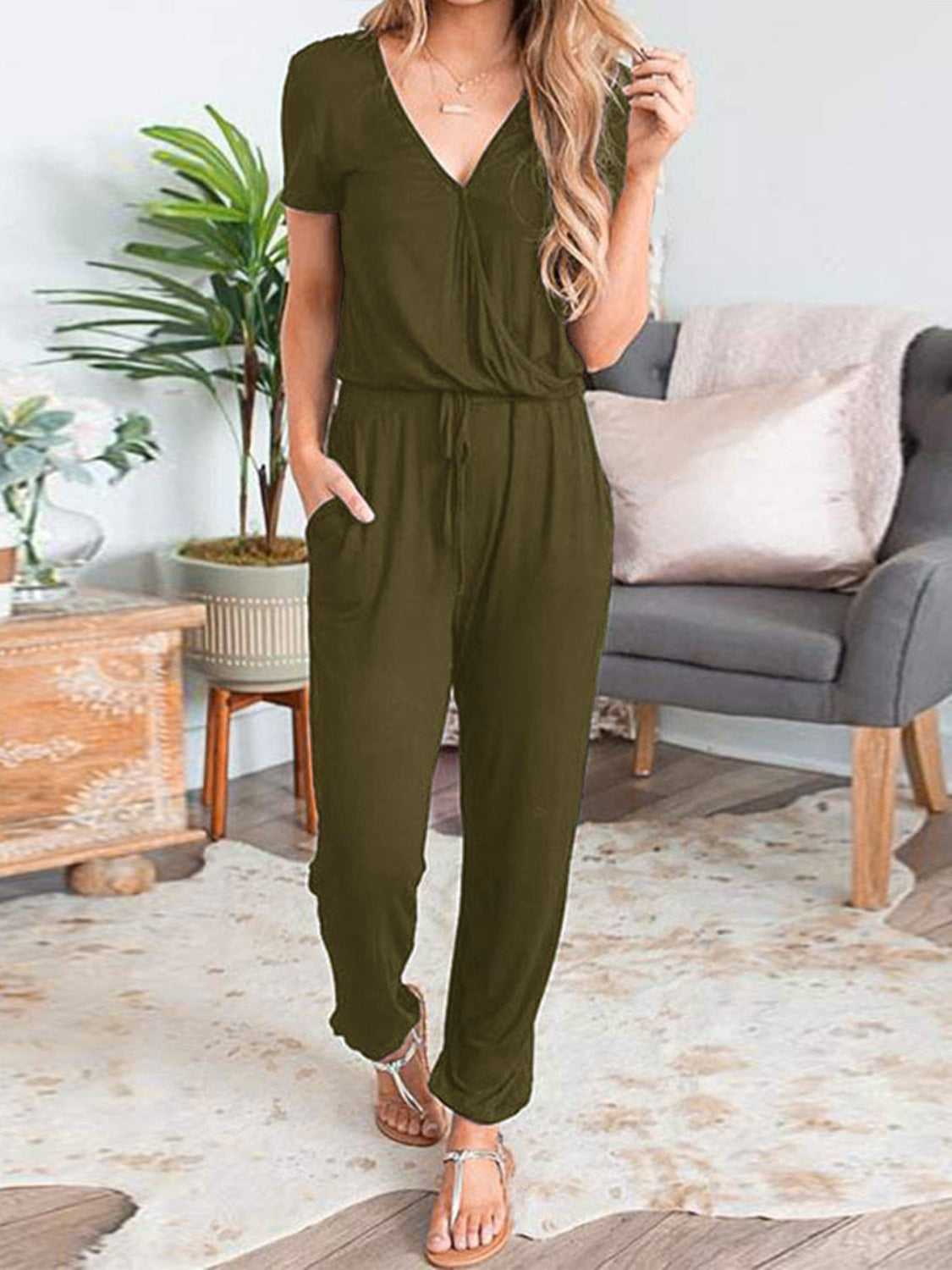 Drawstring Surplice Short Sleeve Jumpsuit Sunset and Swim   