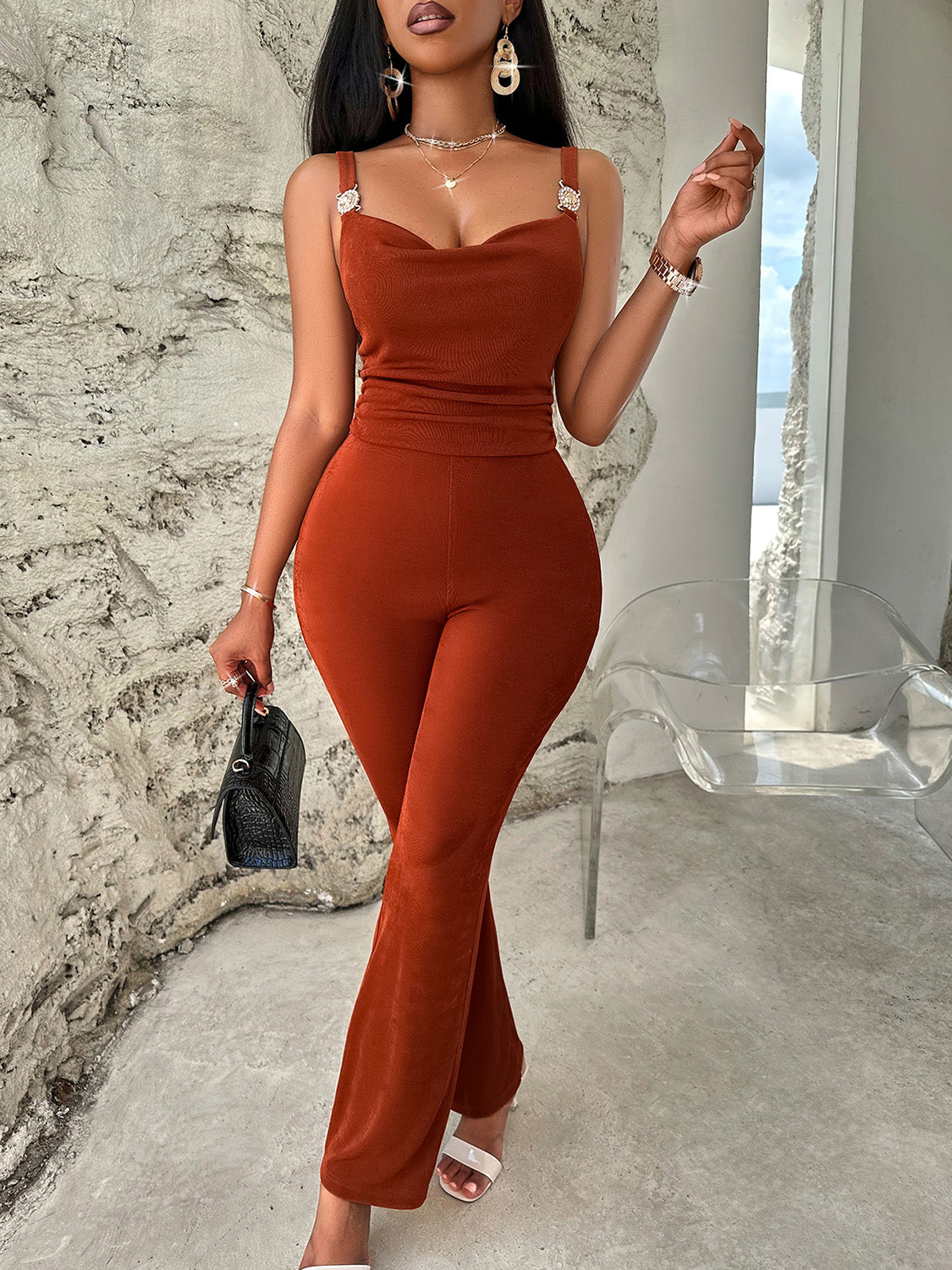 Cowl Neck Sleeveless Jumpsuit Sunset and Swim Brick Red S 