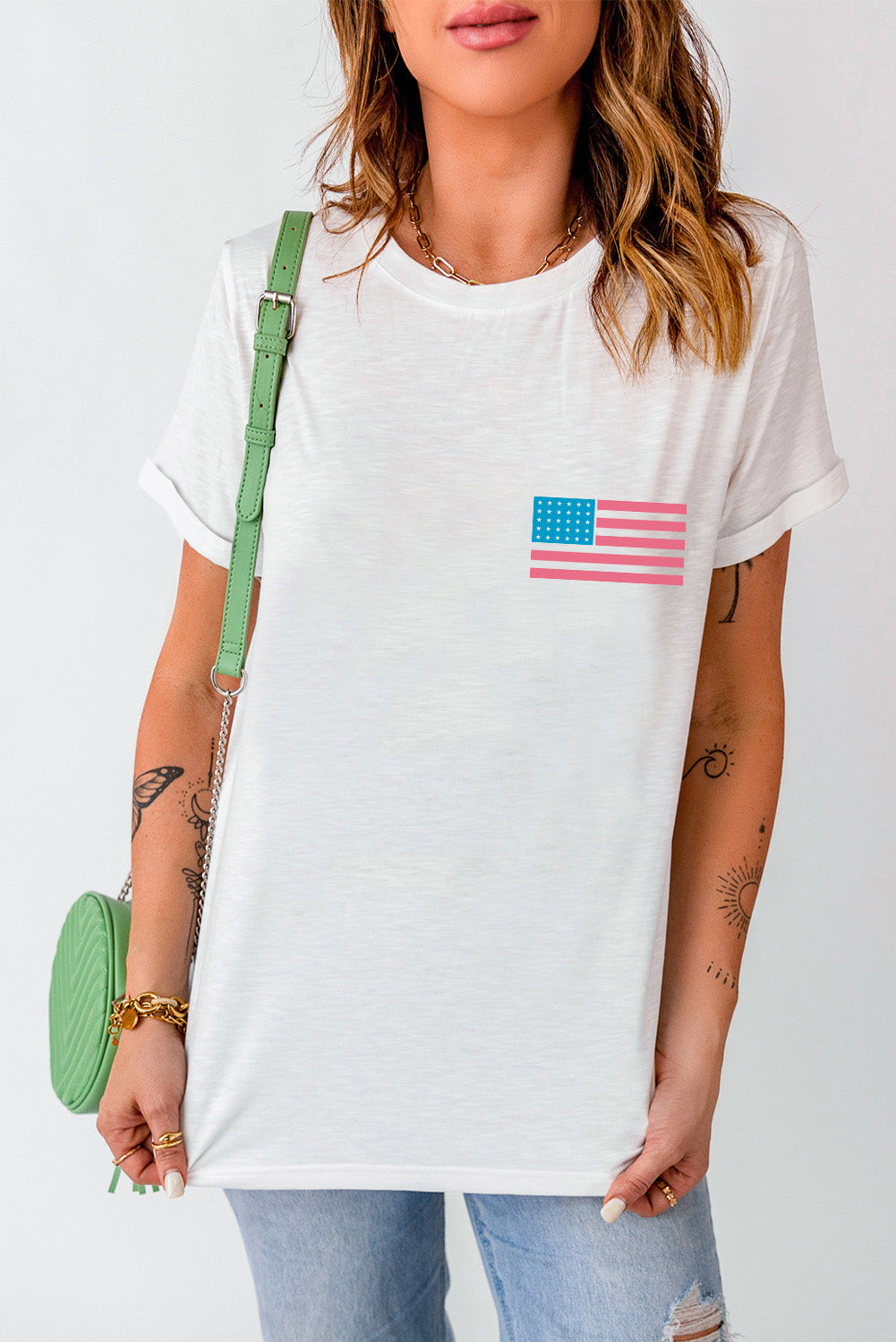 US Flag Round Neck Short Sleeve T-Shirt Sunset and Swim   