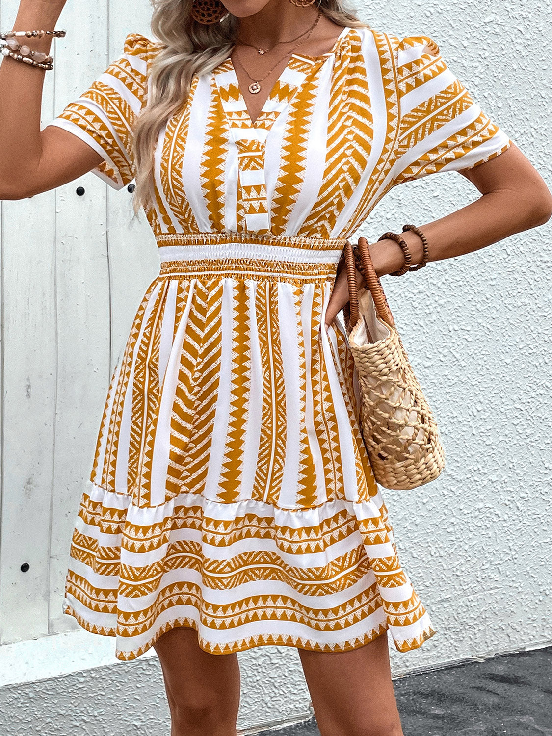 Geometric Notched Short Sleeve Mini Dress Sunset and Swim   