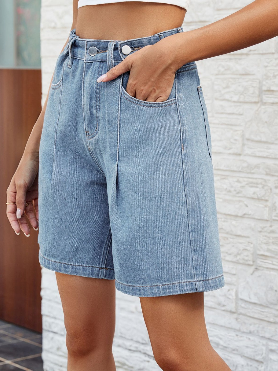 High Waist Denim Shorts with Pockets Sunset and Swim   