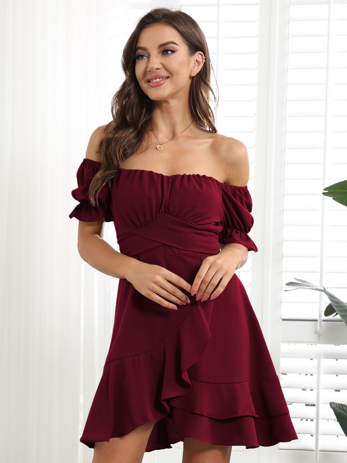 Tied Ruffled Short Sleeve Mini Dress Sunset and Swim Burgundy S 