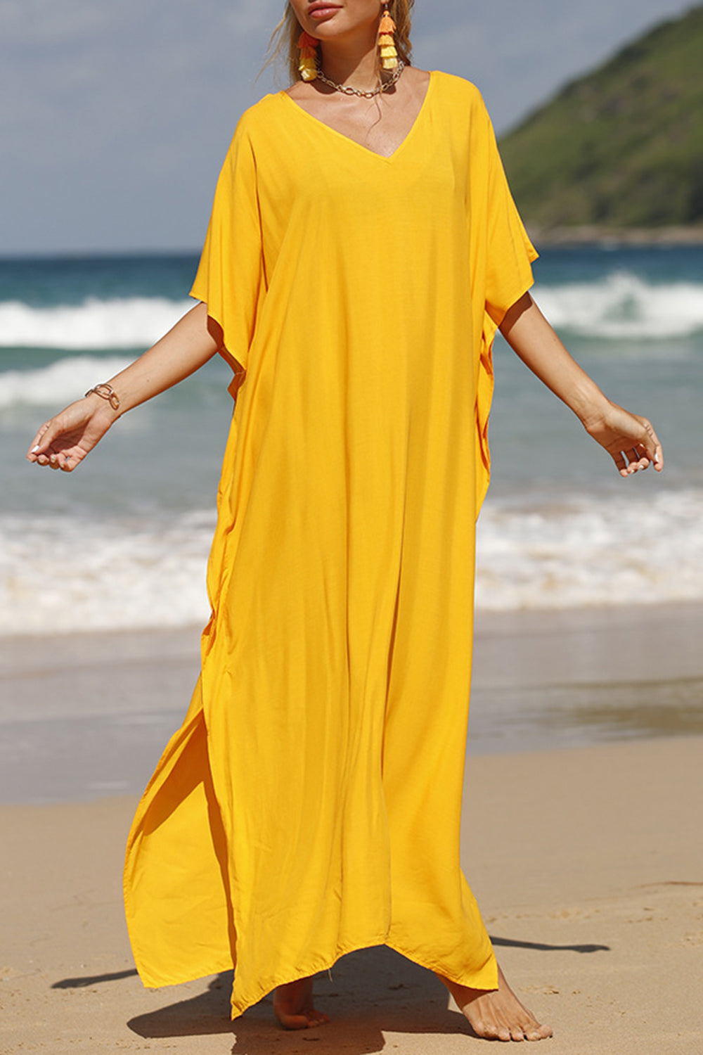Sunset Vacation  Slit V-Neck Half Sleeve Cover-Up Sunset and Swim True Yellow One Size 