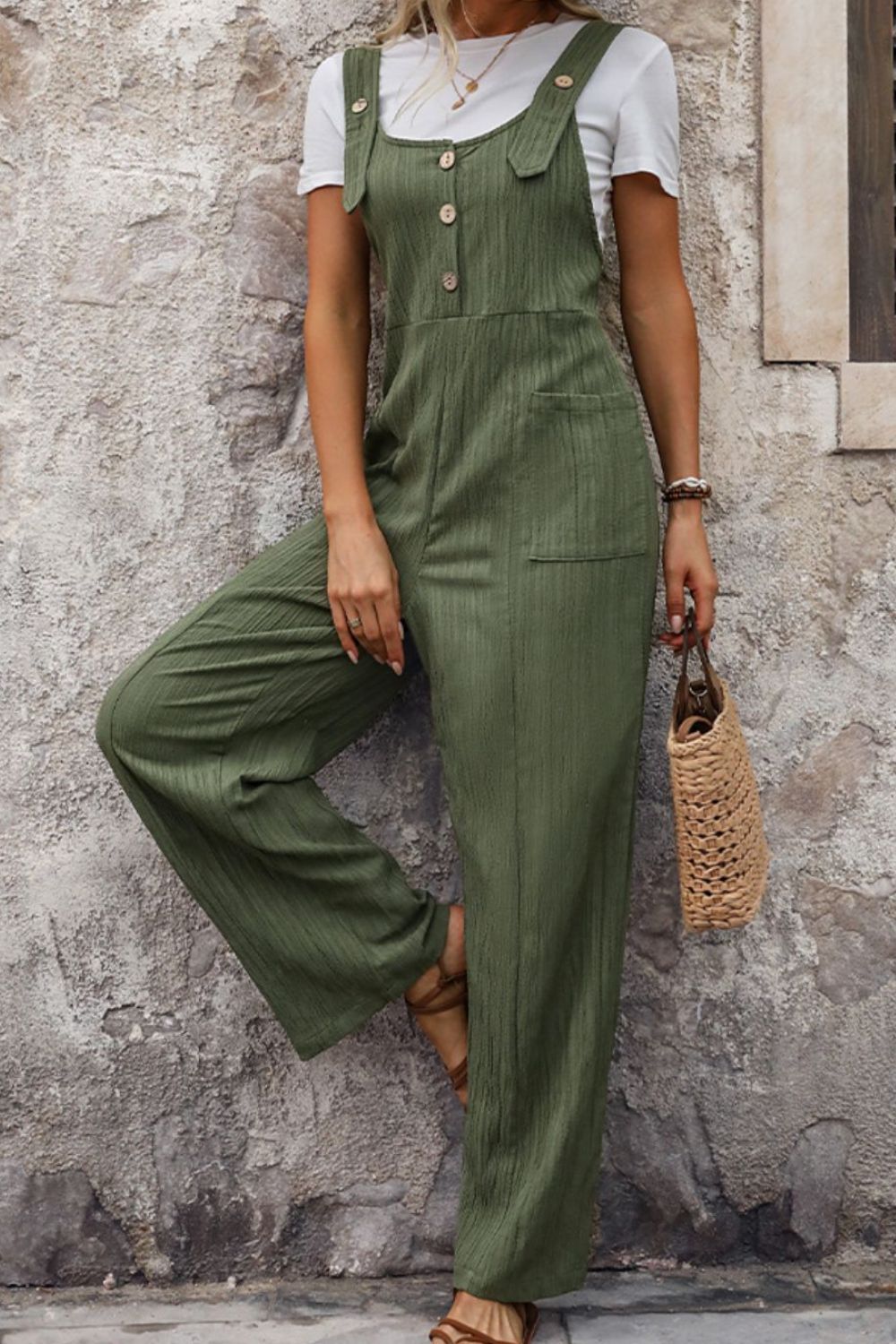 Textured Pocketed Wide Strap Overalls Sunset and Swim   