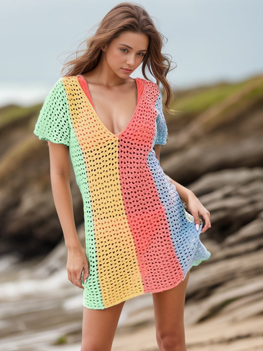 Sunset Vacation  Openwork Color Block V-Neck Short Sleeve Beach Cover Up Sunset and Swim   