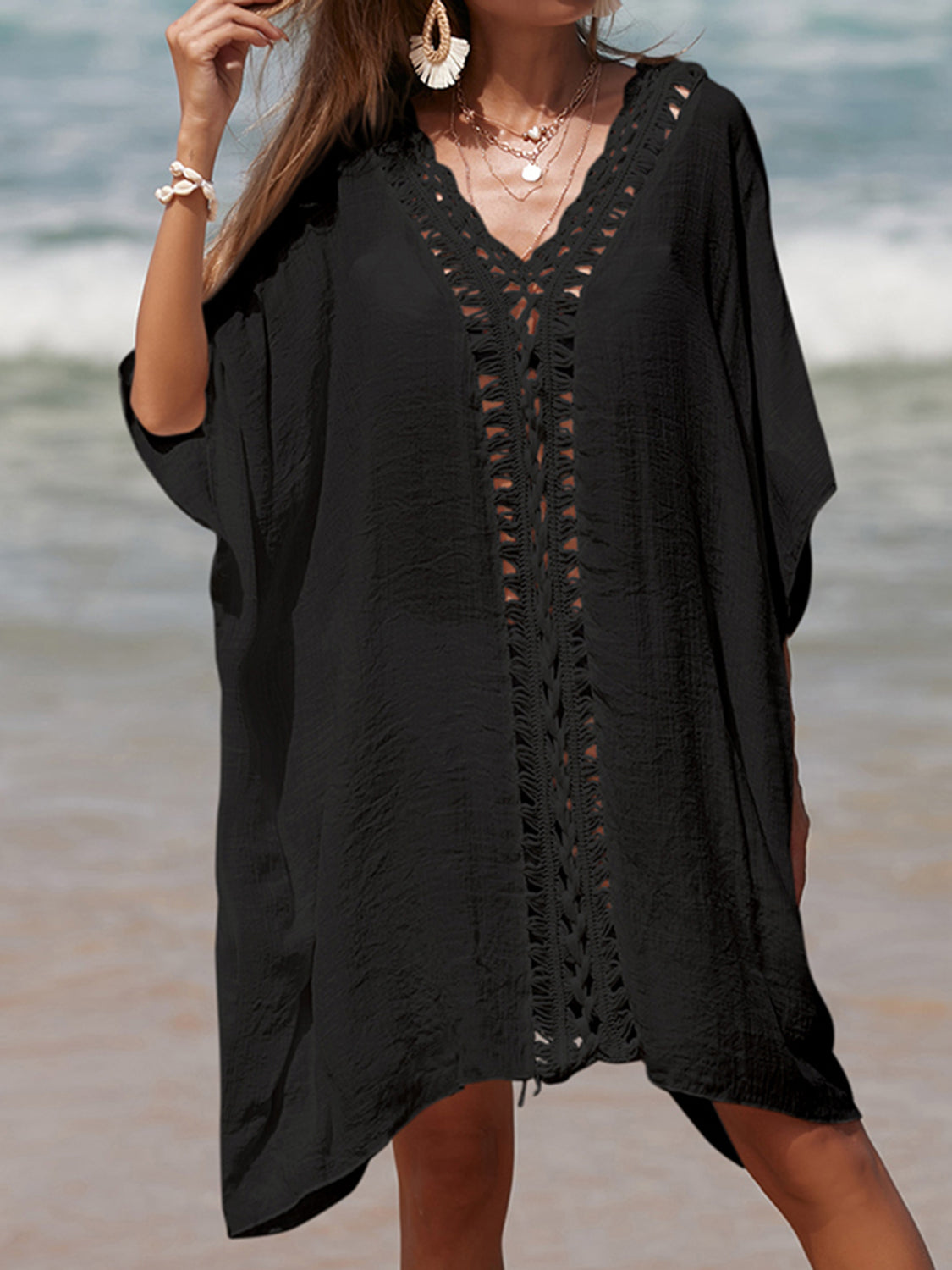 Sunset Vacation  Cutout V-Neck Three-Quarter Sleeve Beach Cover Up Sunset and Swim Black One Size 