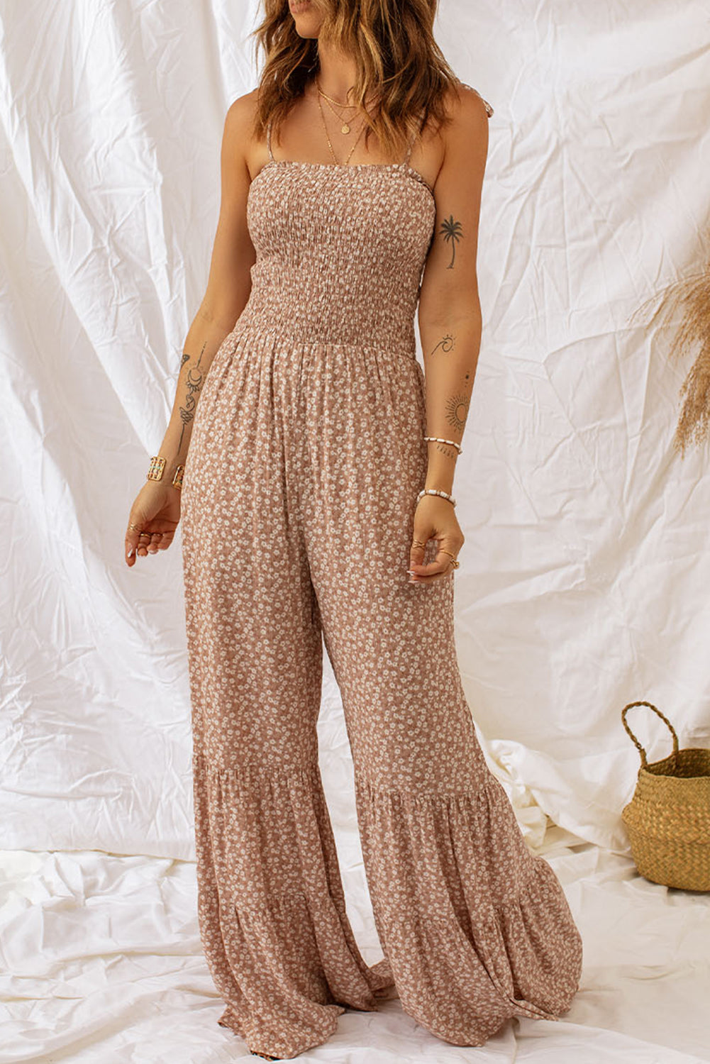 Floral Spaghetti Strap Smocked Wide Leg Jumpsuit Sunset and Swim   