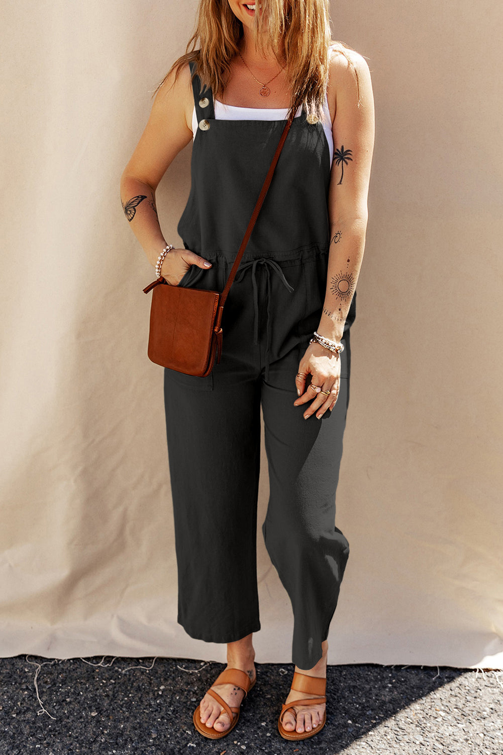 Drawstring Wide Strap Overalls with Pockets Sunset and Swim   