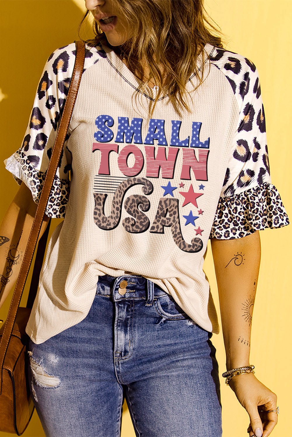 SMALL TOWN USA Graphic Leopard V-Neck Top  Sunset and Swim   