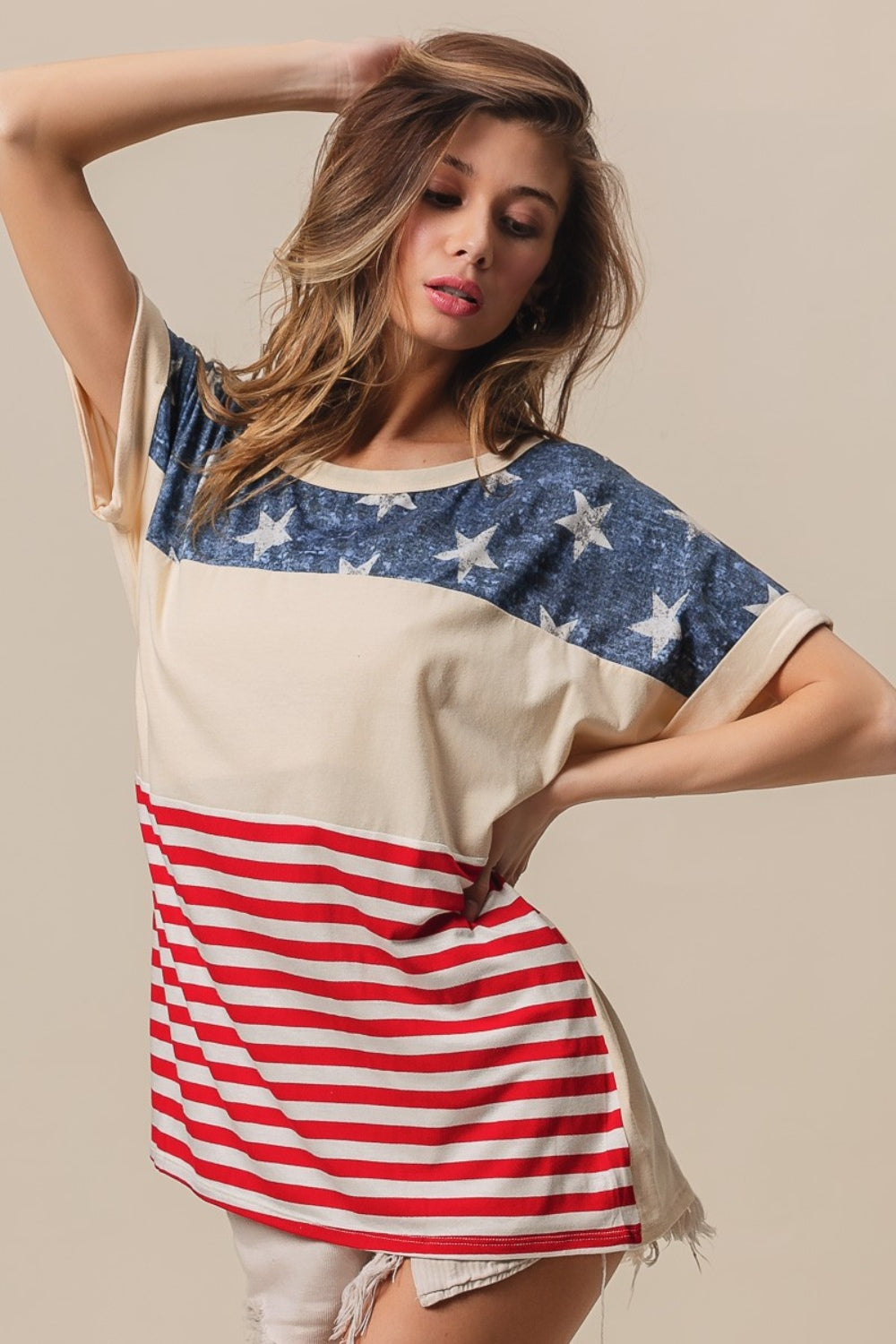BiBi American Flag Theme Short Sleeve T-Shirt Sunset and Swim Stripe S 
