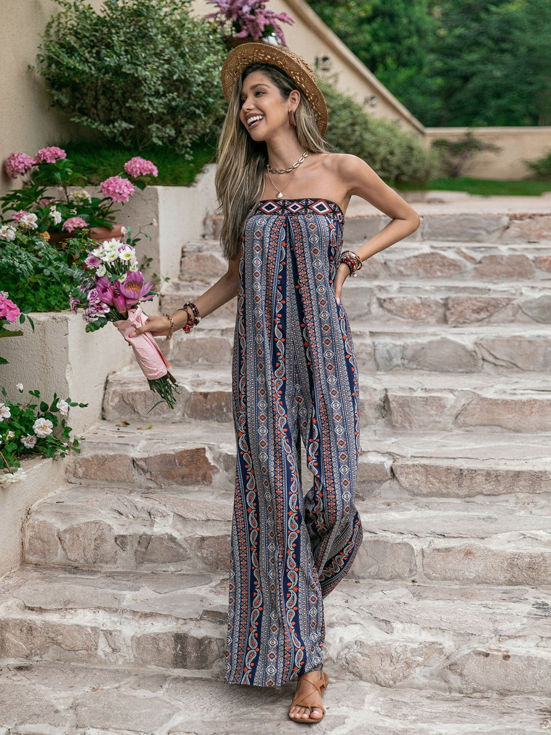 Sunset and Swim  Tied Printed Tube Wide Leg Jumpsuit Sunset and Swim   