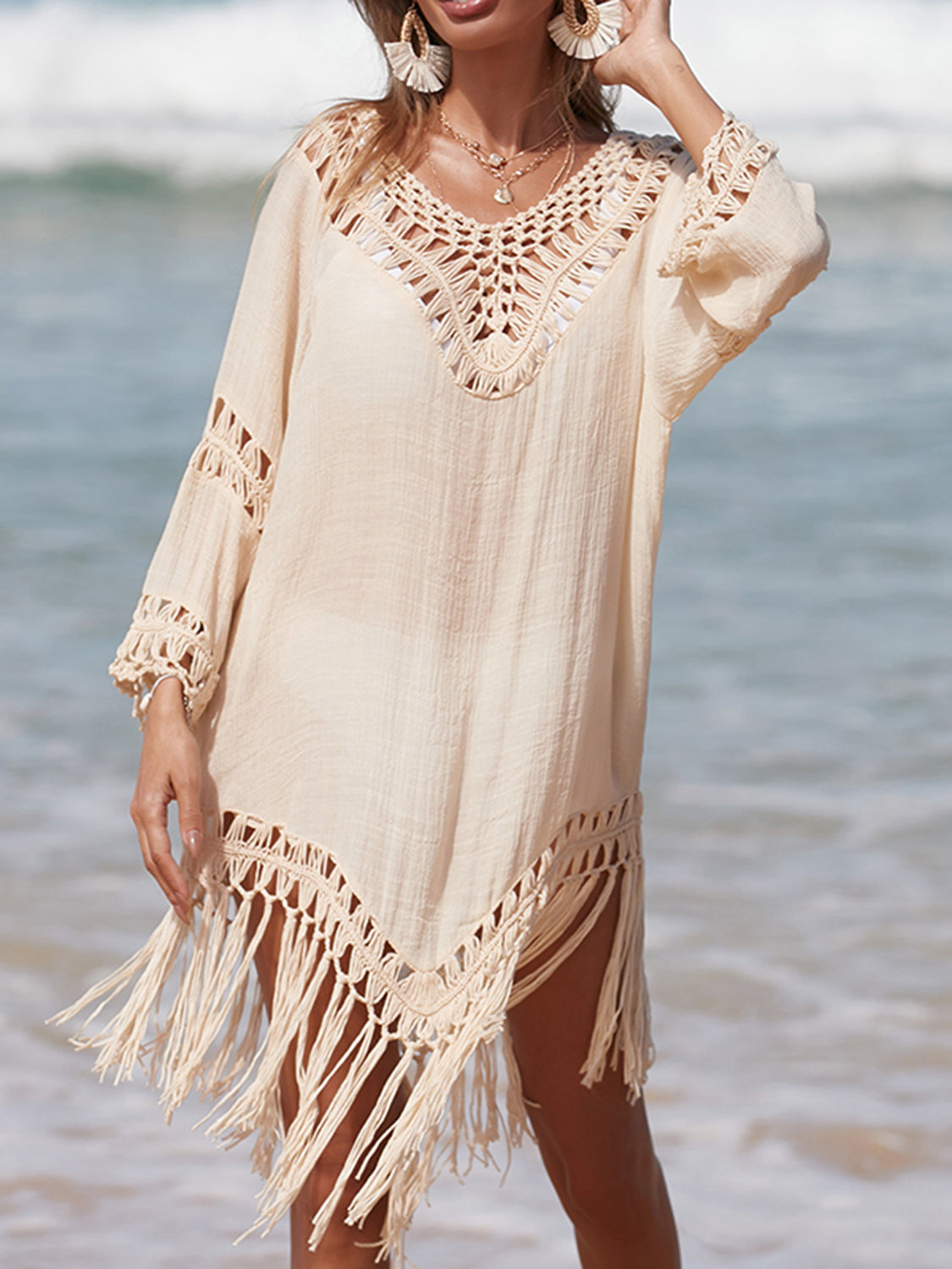 Sunset Vacation  Cutout Fringe Scoop Neck Beach Cover Up Sunset and Swim   