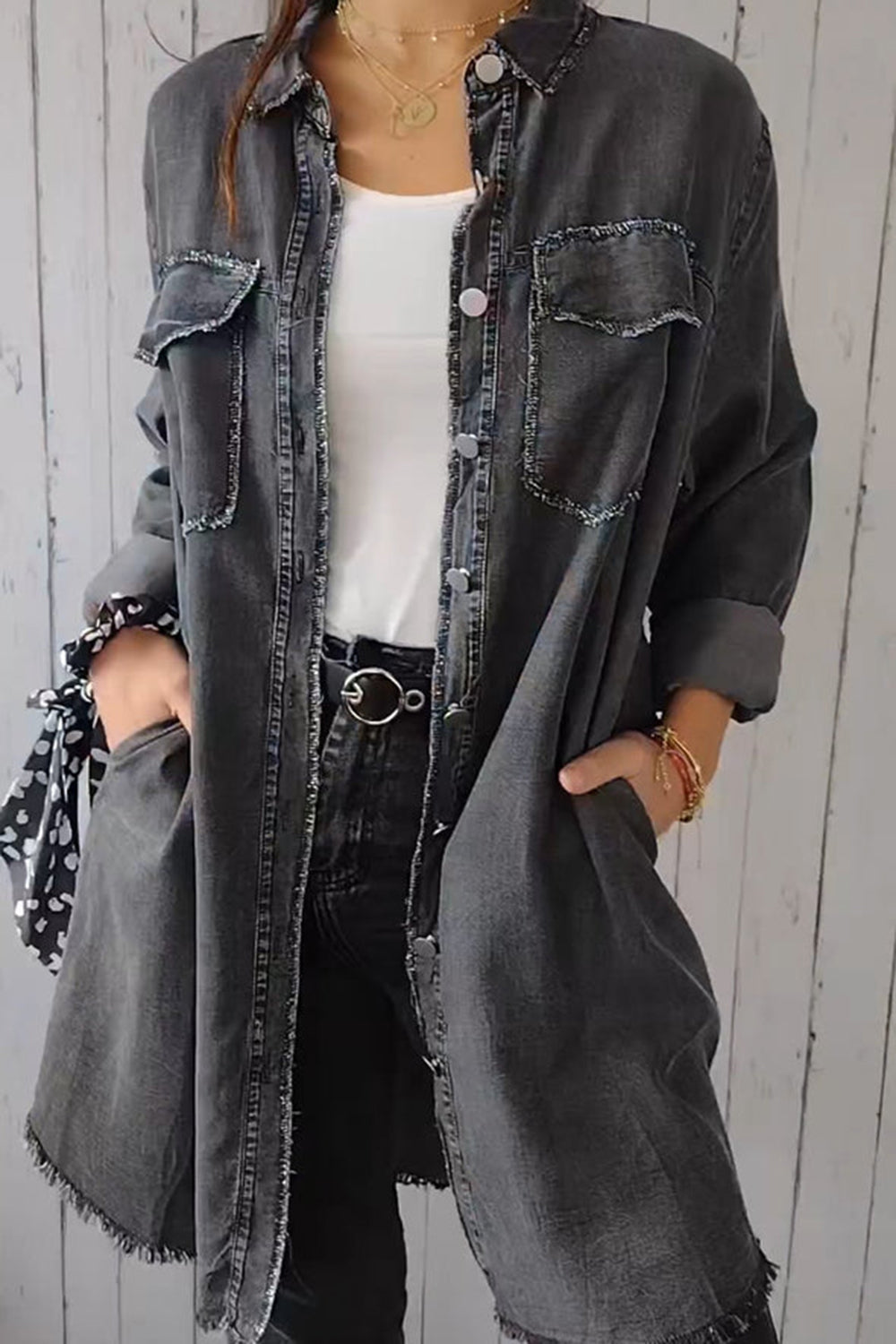 Full Size Pocketed Button Up Long Sleeve Denim Jacket Sunset and Swim Dark Gray S 