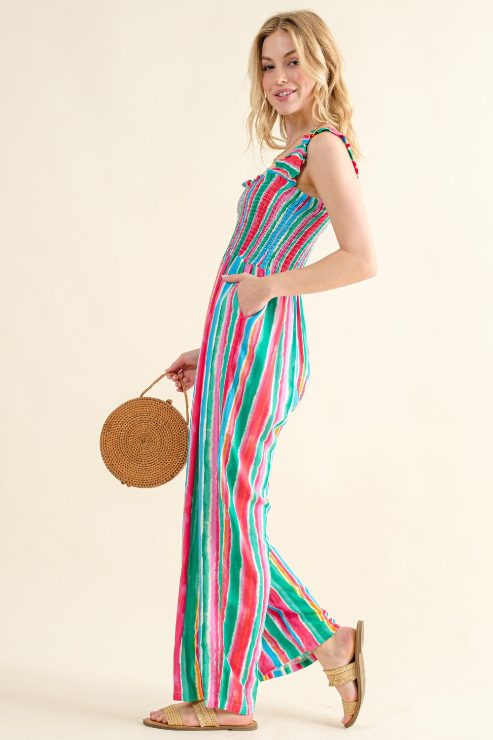 Sunset and Swim  And The Why Plus Size Striped Smocked Sleeveless Jumpsuit Sunset and Swim   