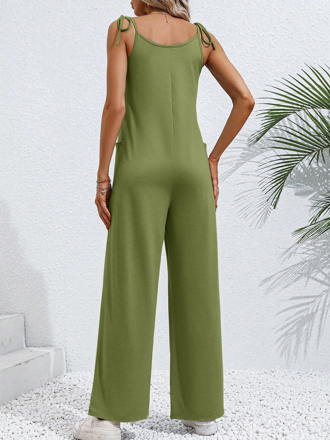 Tie-Shoulder Wide Leg Jumpsuit with Pockets Sunset and Swim   