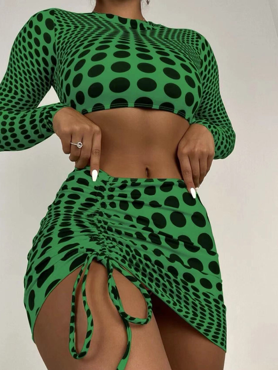 Polka Dot Long Sleeve Three-Piece Swim Set Sunset and Swim Green S 