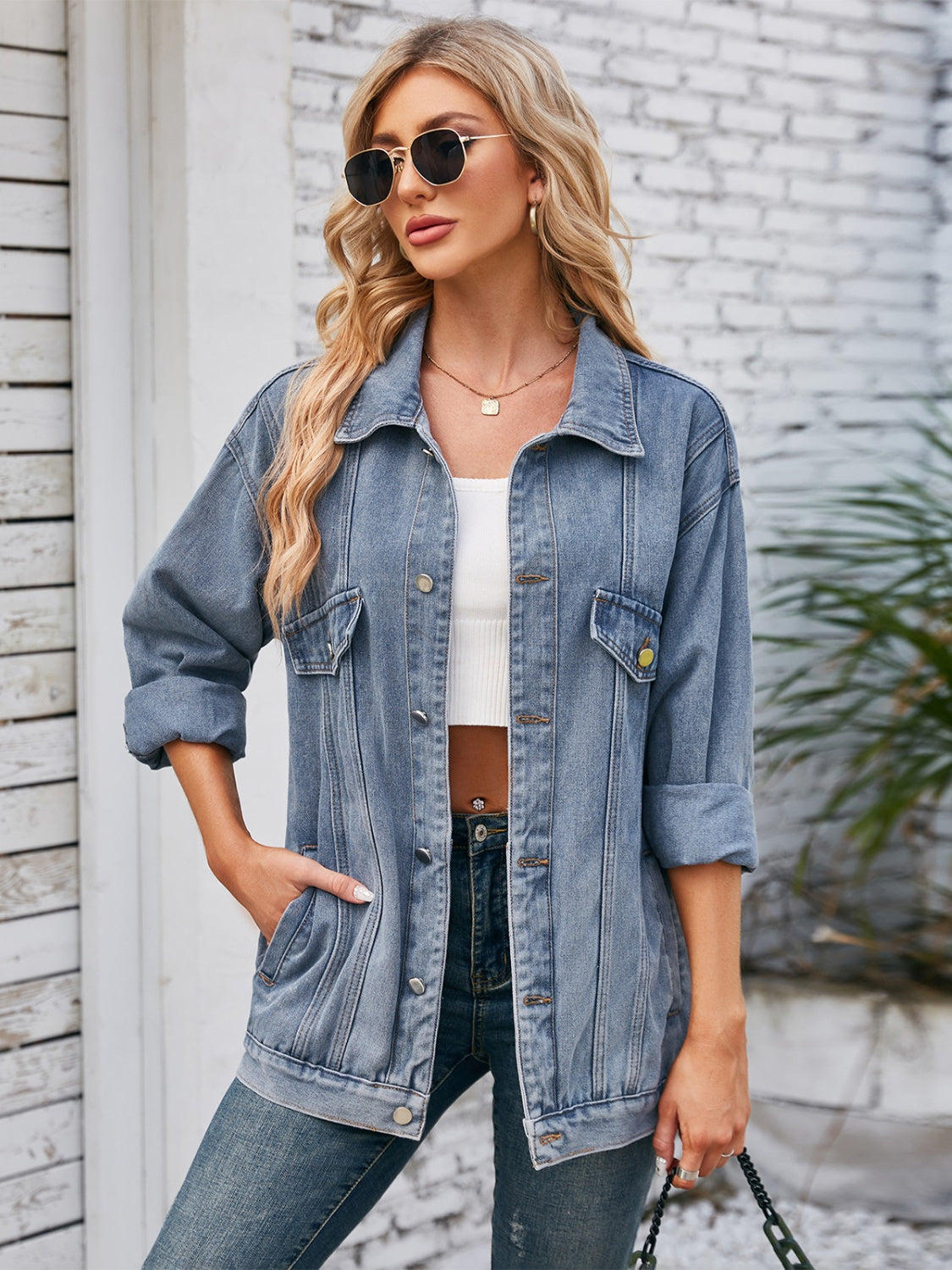 Button Up Long Sleeve Denim Jacket Sunset and Swim   