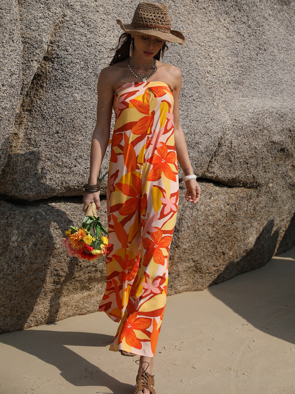 Tied Printed Tube Wide Leg Jumpsuit Sunset and Swim   