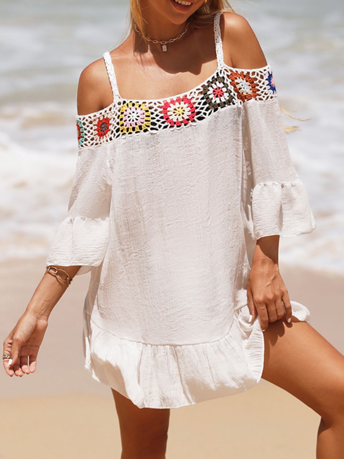 Sunset Vacation  Crochet Cold Shoulder Three-Quarter Sleeve Beach Cover Up Sunset and Swim   