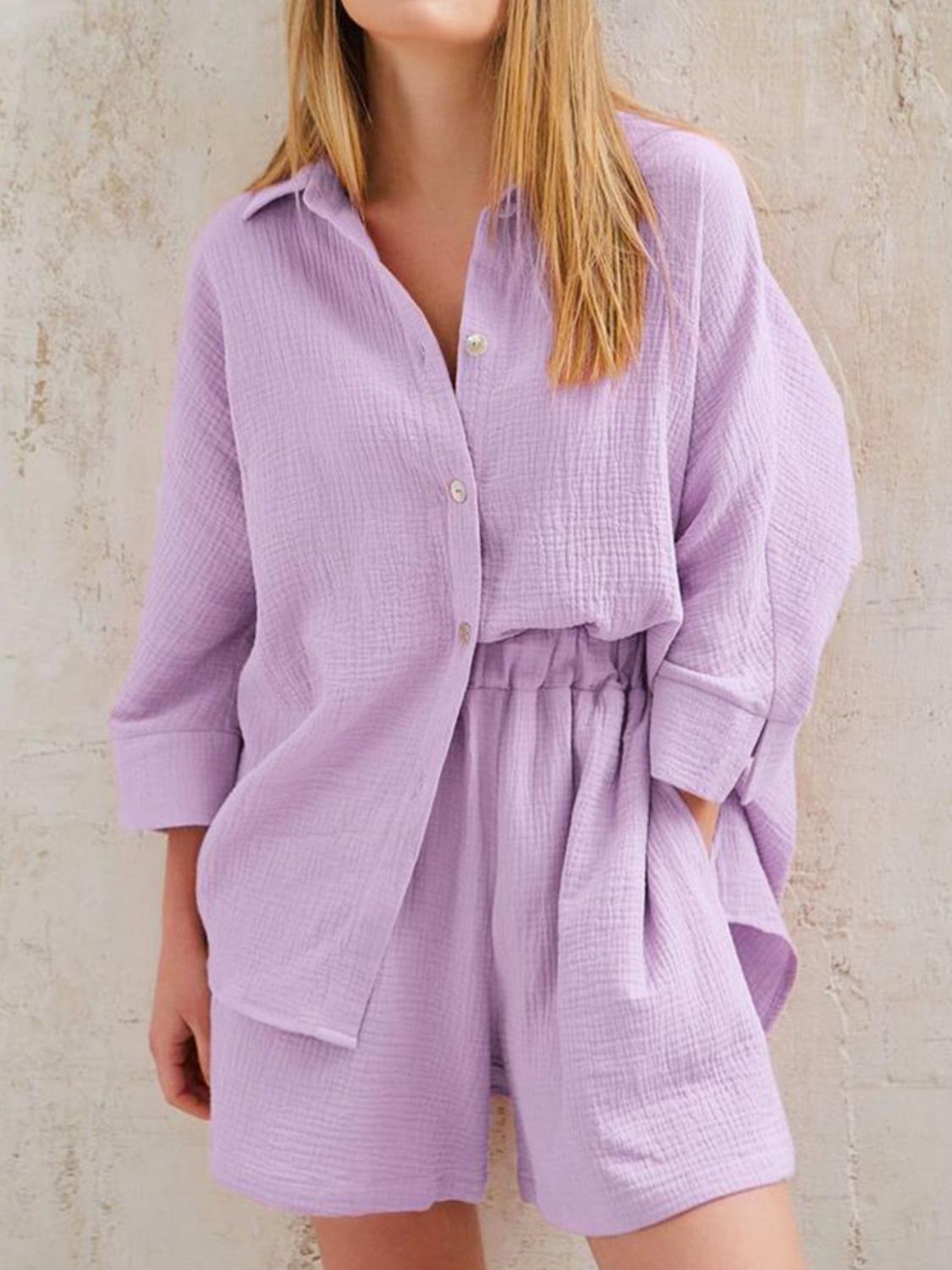 Sunset Vacation  Texture Button Up Shirt and Shorts Set Sunset and Swim Lavender S 