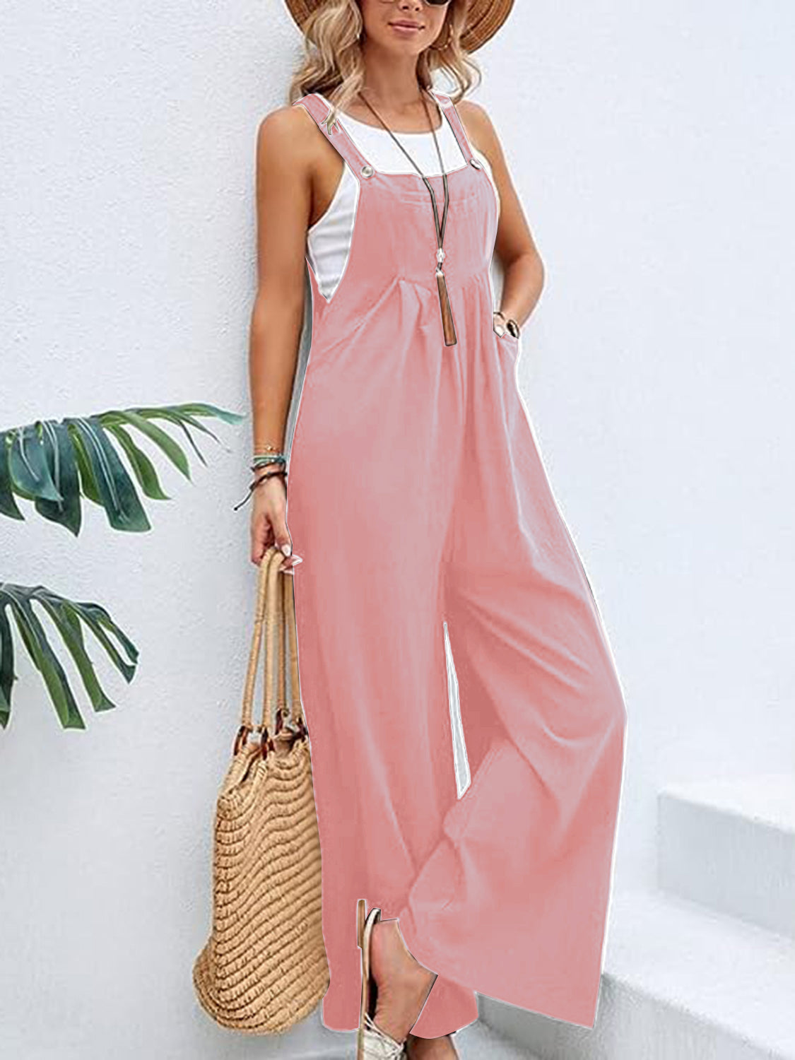 Full Size Wide Leg Overalls with Pockets Sunset and Swim Blush Pink S 