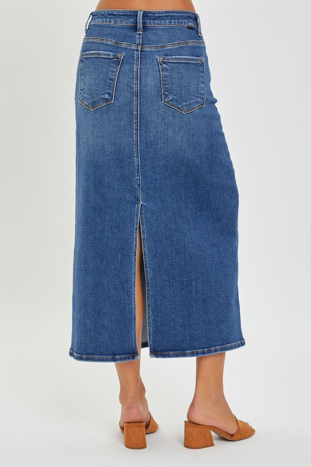 RISEN High Rise Back Slit Denim Skirt Sunset and Swim   