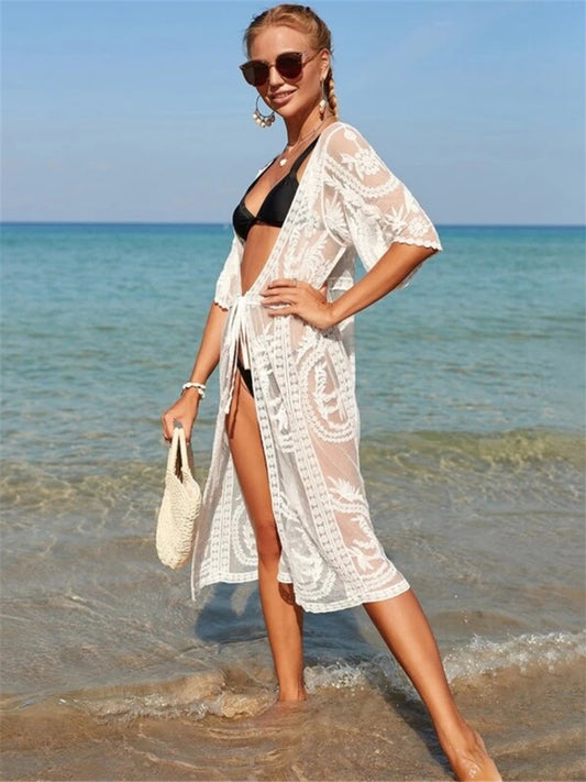 Sunset Vacation  Tied Open Front Half Sleeve Beach Cover Up Sunset and Swim White One Size 