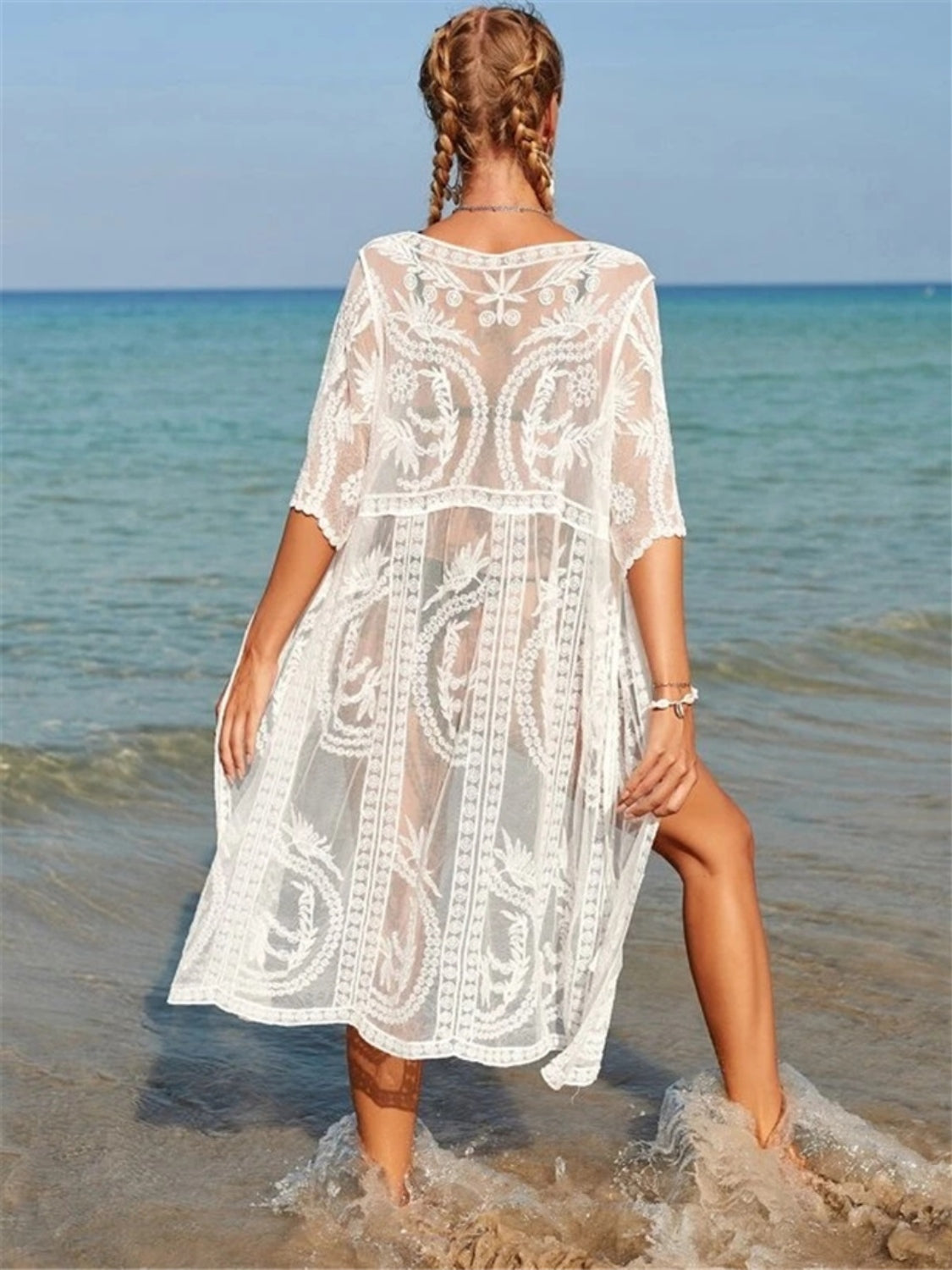 Sunset Vacation  Tied Open Front Half Sleeve Beach Cover Up Sunset and Swim   