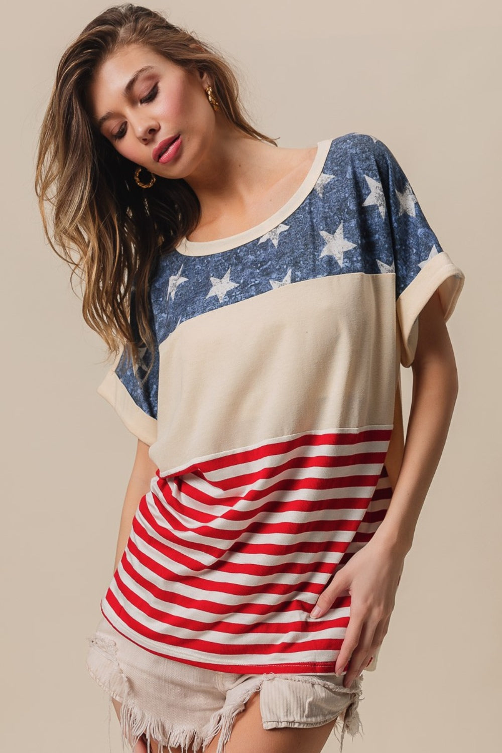 BiBi American Flag Theme Short Sleeve T-Shirt Sunset and Swim   