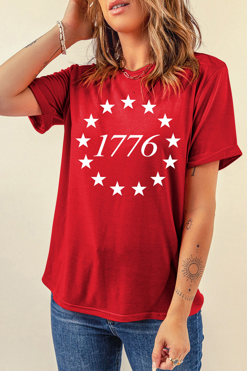 1776 USA  Graphic Round Neck Short Sleeve T-Shirt Sunset and Swim Deep Red S 