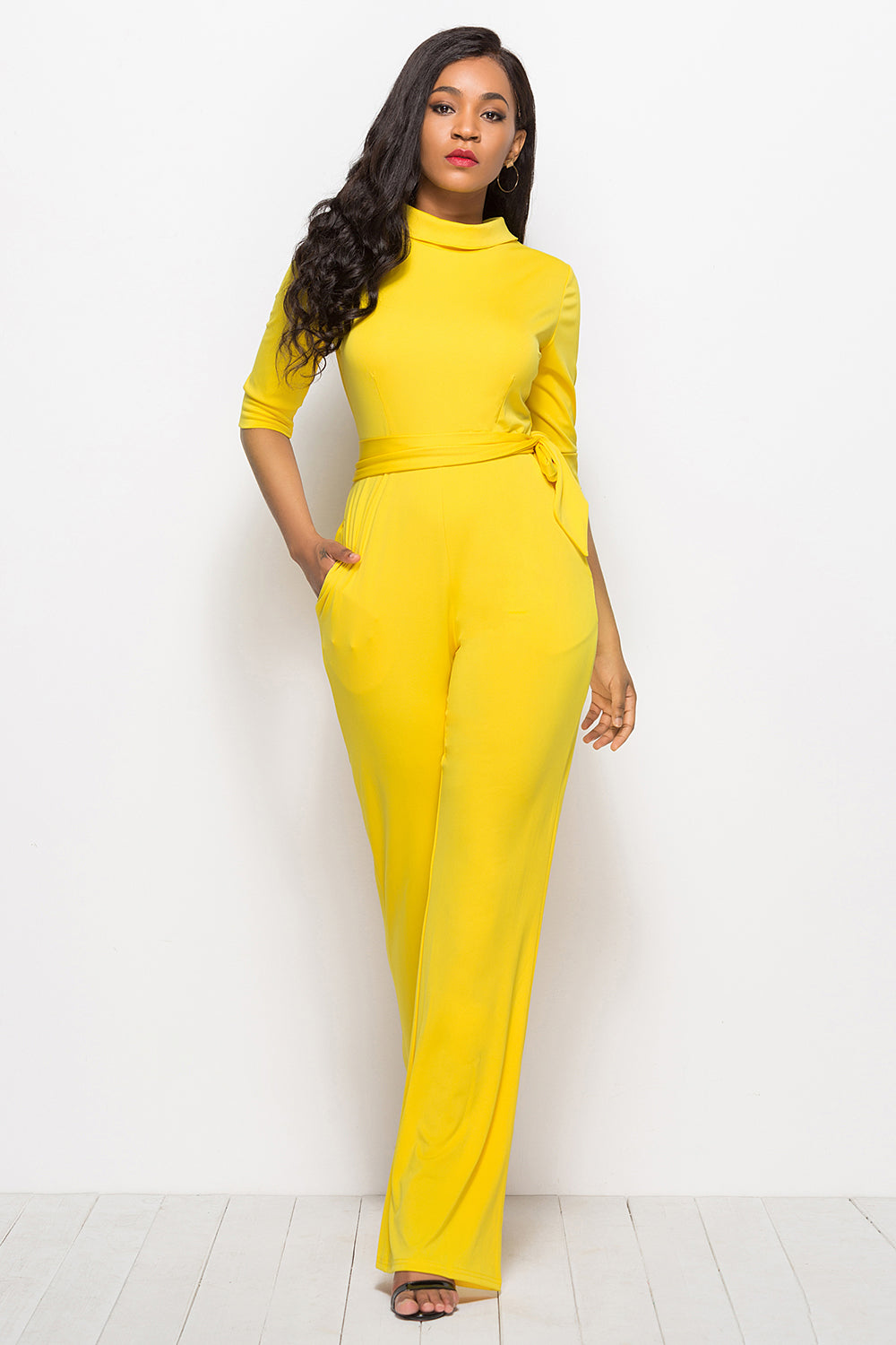 Mock Neck Tie-Waist Half Sleeve Jumpsuit Sunset and Swim   