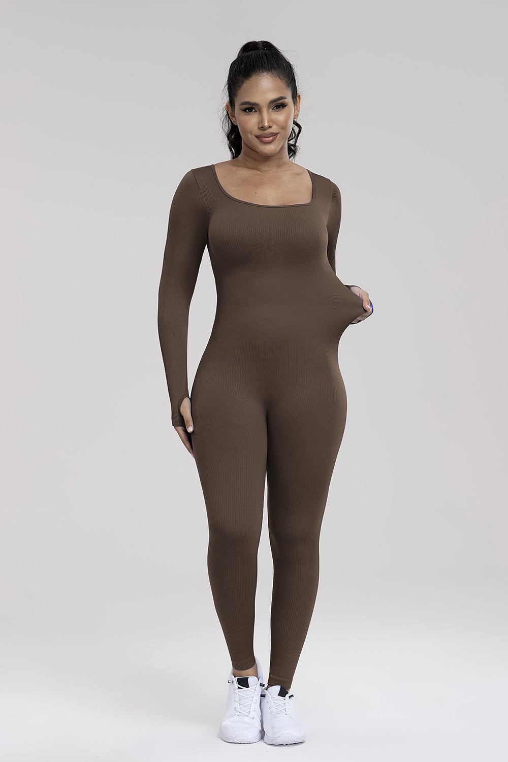 Square Neck Long Sleeve Active Jumpsuit Sunset and Swim   