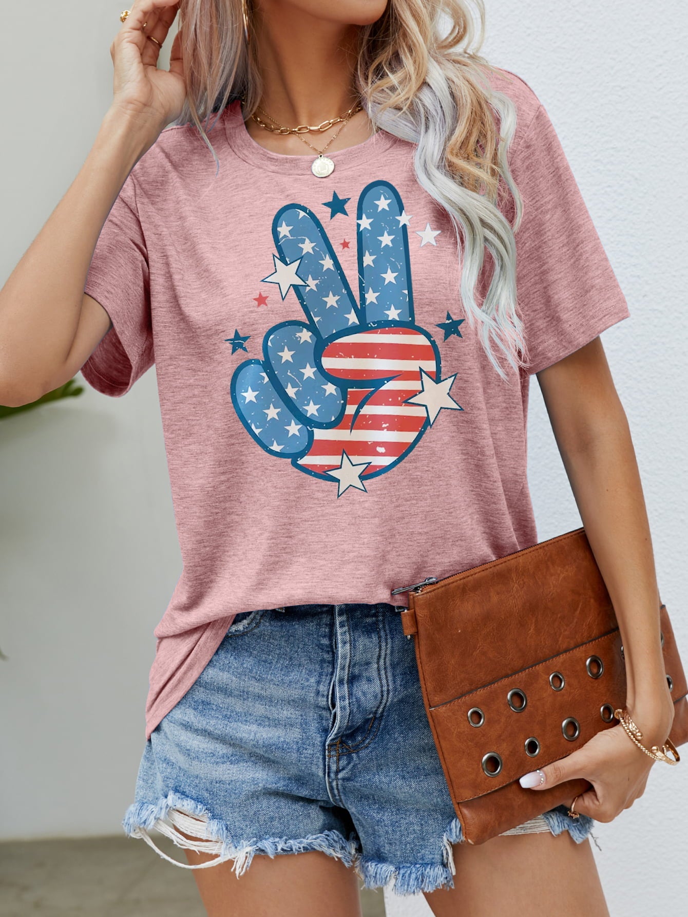 US Flag Peace Sign Hand Graphic Tee Sunset and Swim Blush Pink S 