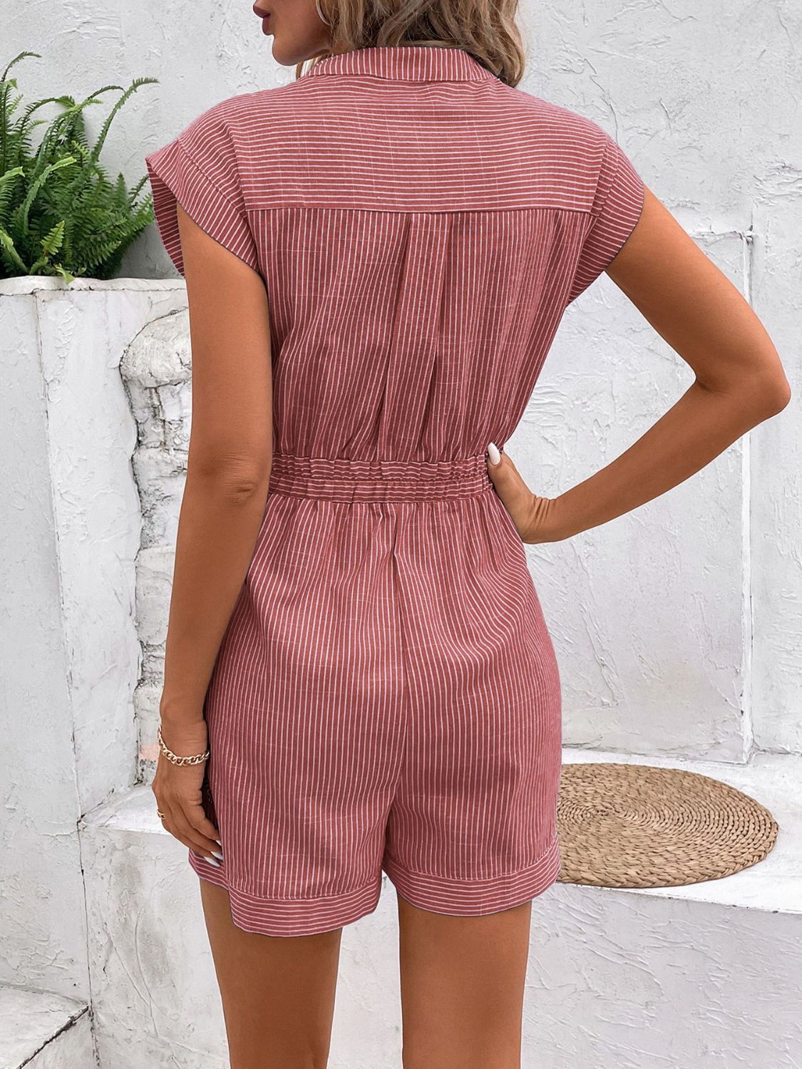 Striped Notched Tie Waist Romper Sunset and Swim   