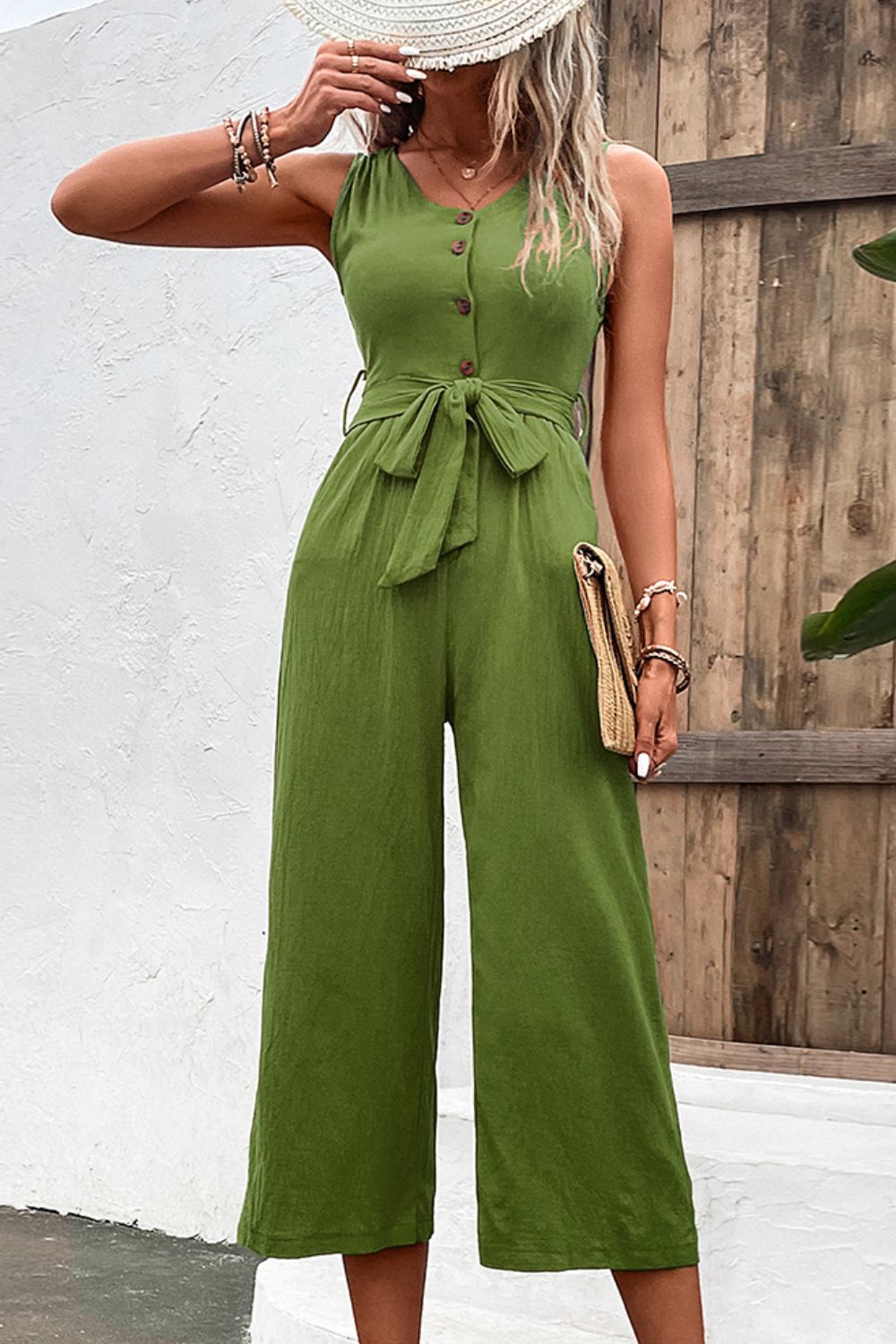 Tie Belt Sleeveless Jumpsuit with Pockets Sunset and Swim Matcha Green XS 
