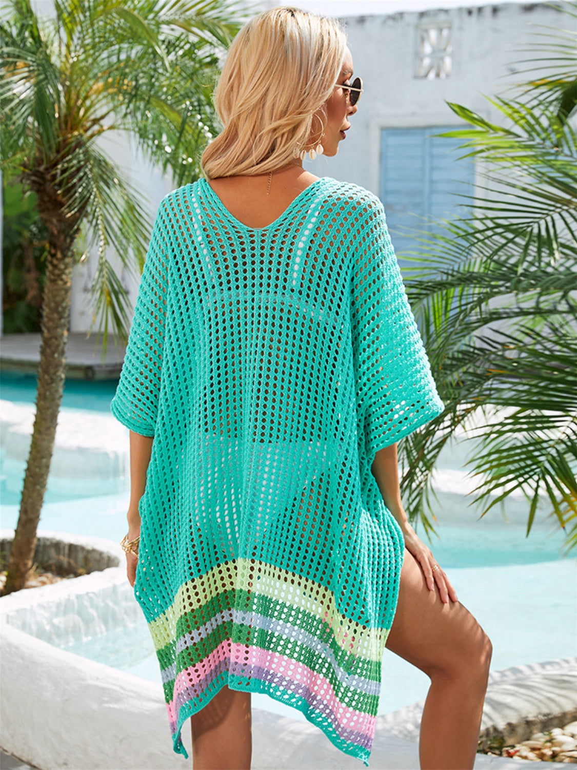 Slit Openwork V-Neck Half Sleeve Cover-Up Sunset and Swim   