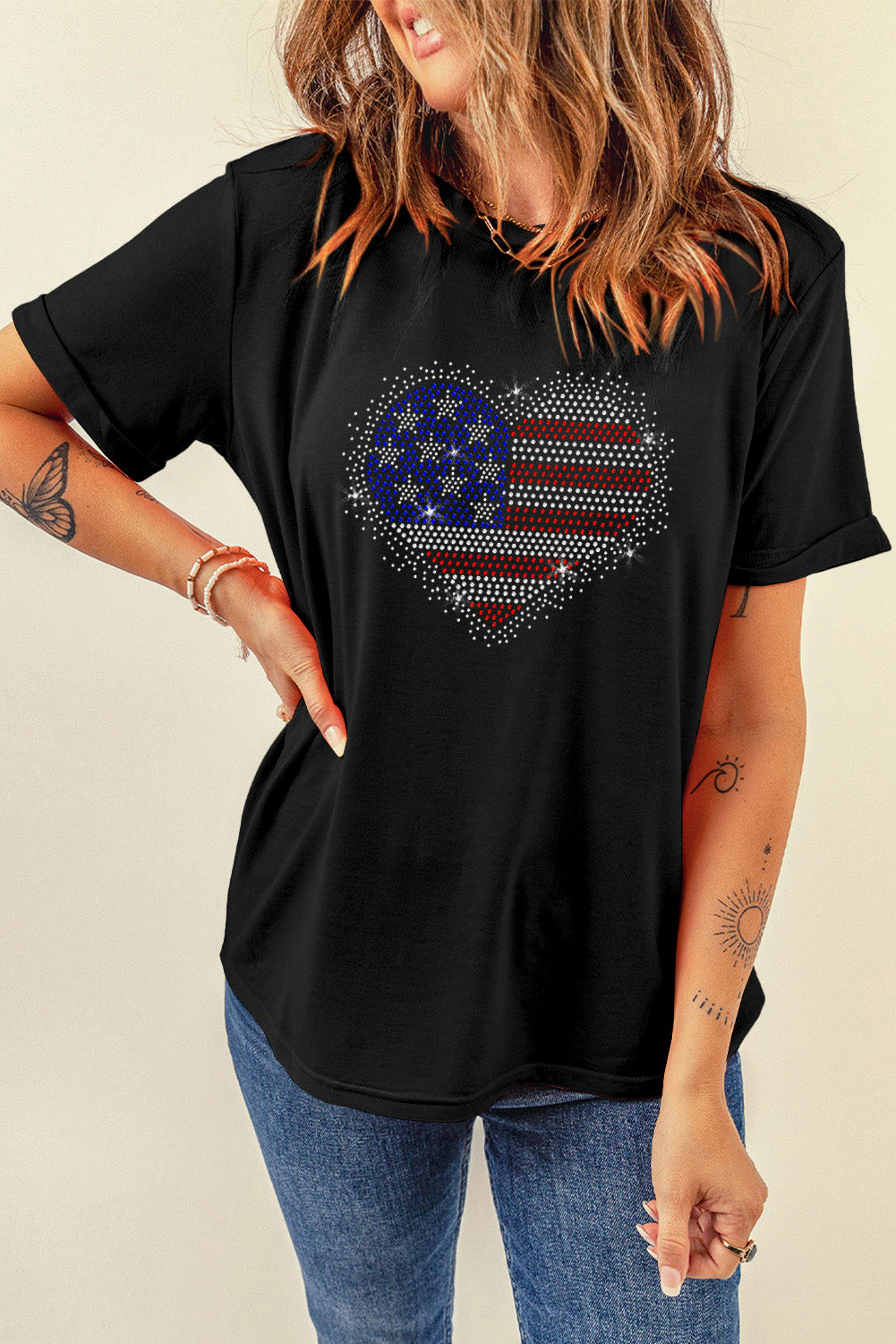 American Flag Rhinestone Heart Round Neck Short Sleeve T-Shirt Sunset and Swim Black S 