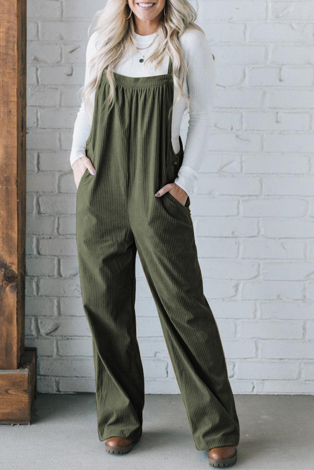 Square Neck Wide Strap Overalls Sunset and Swim Army Green M 