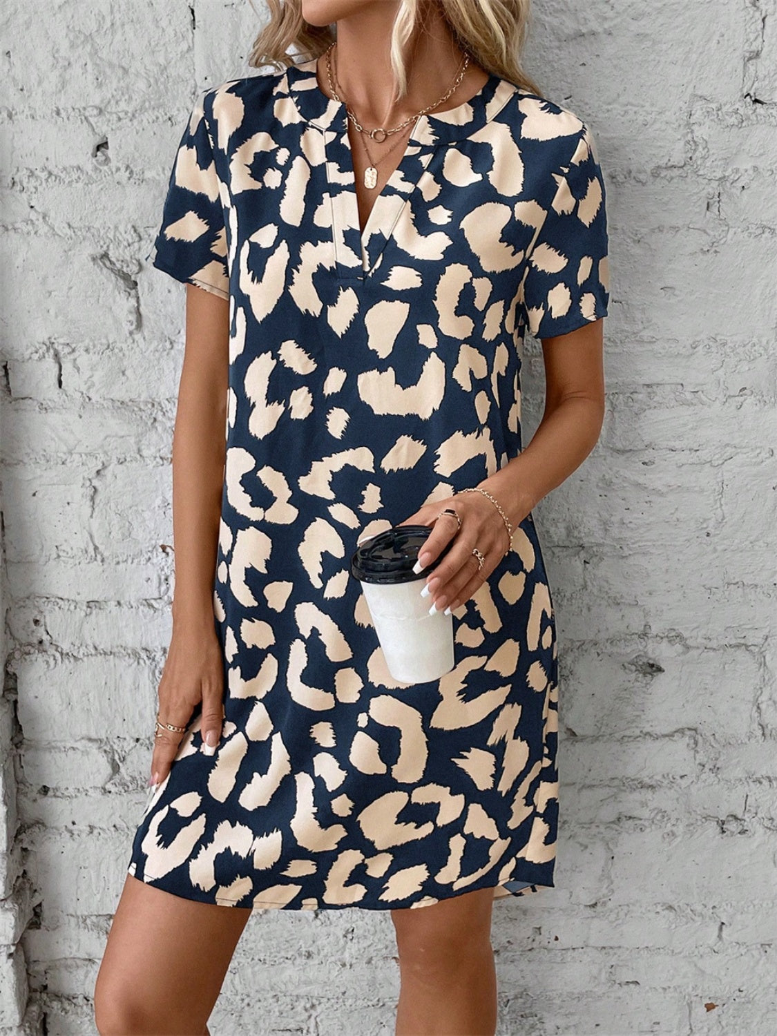 Printed Notched Short Sleeve Mini Dress Sunset and Swim   