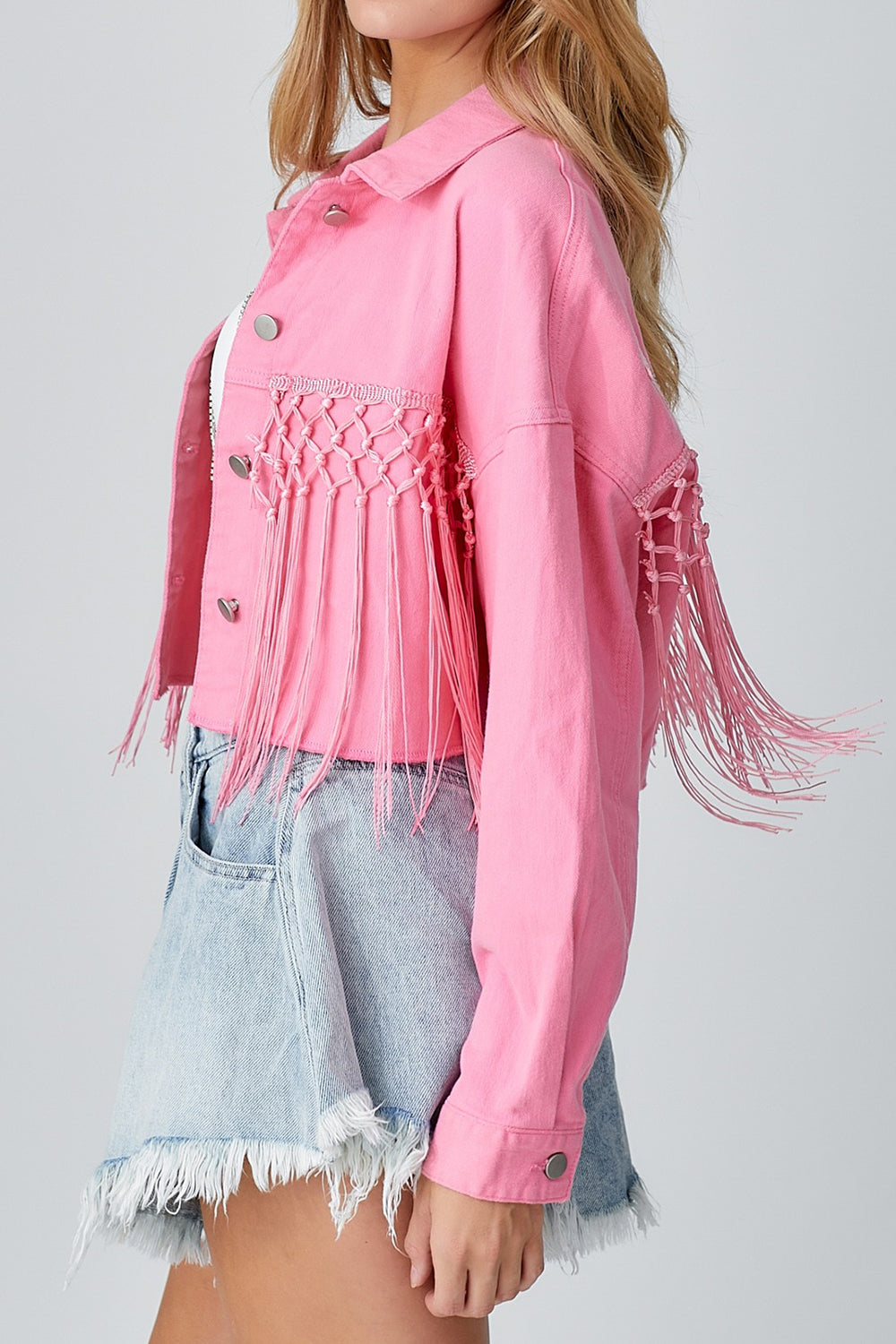 Tassel Sequin Letter Long Sleeve Denim Jacket Sunset and Swim   