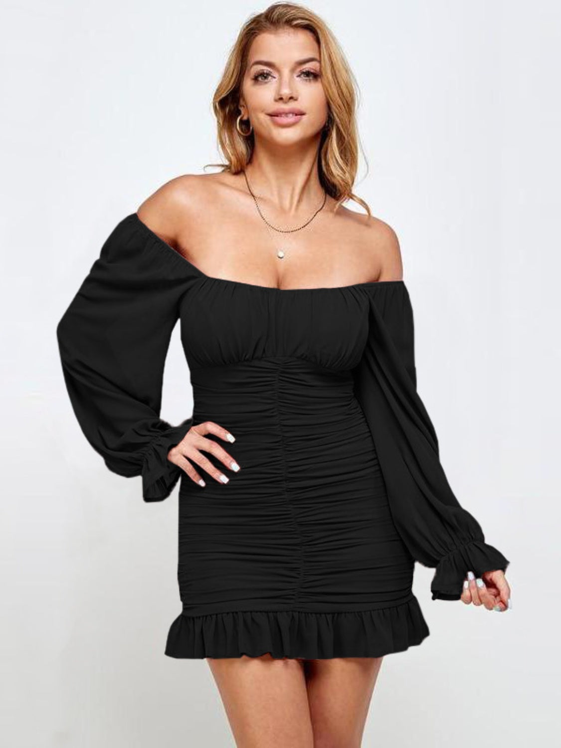 Ruffled Ruched Flounce Sleeve Mini Dress Sunset and Swim   