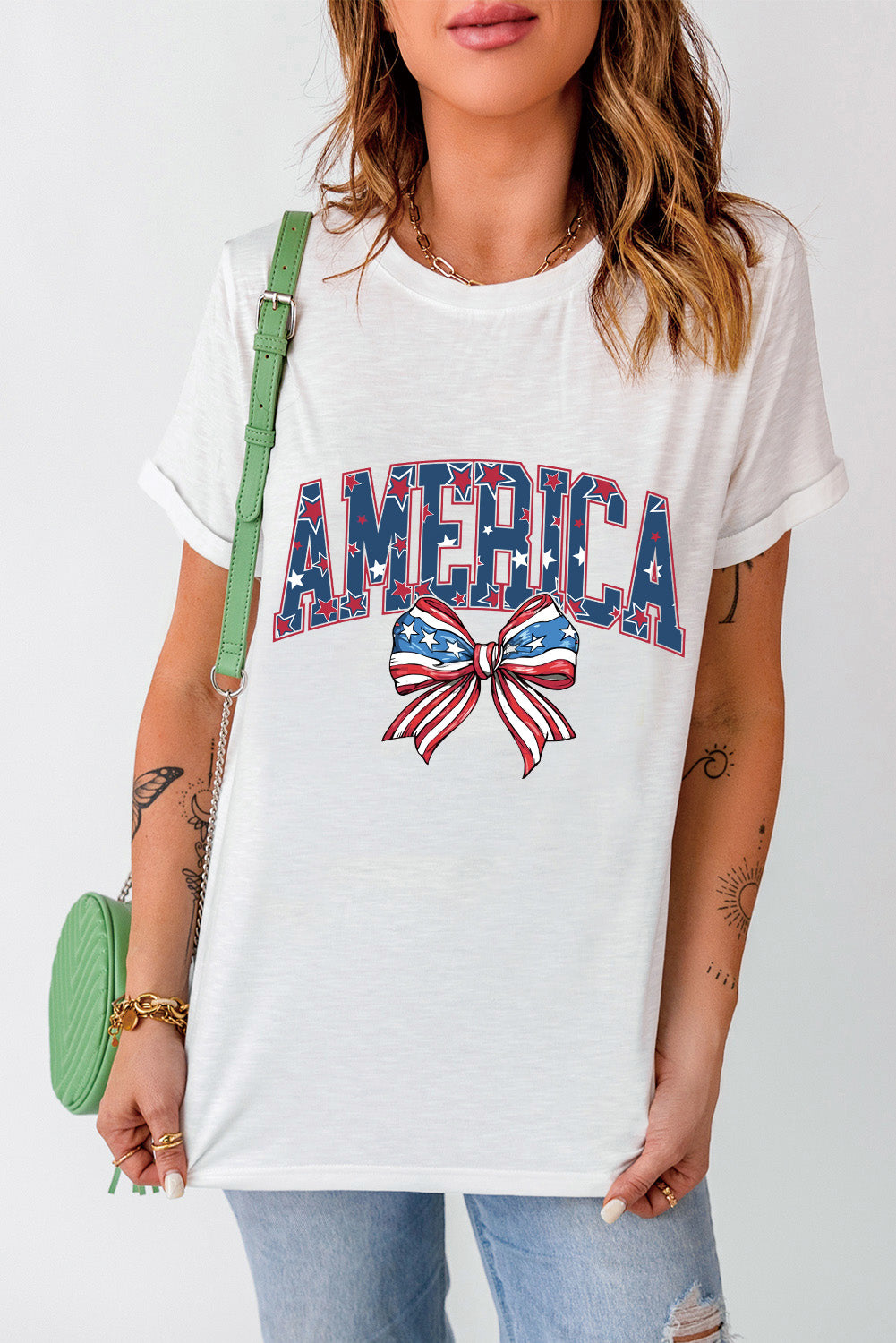 AMERICA Round Neck Short Sleeve T-Shirt Sunset and Swim White S 