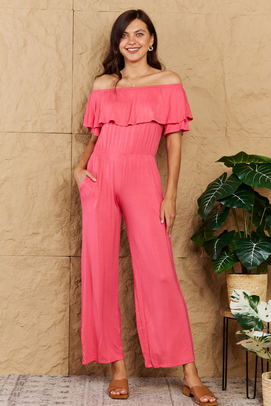 Heimish My Favorite Plus Size Off-Shoulder Jumpsuit with Pockets Sunset and Swim Coral S 