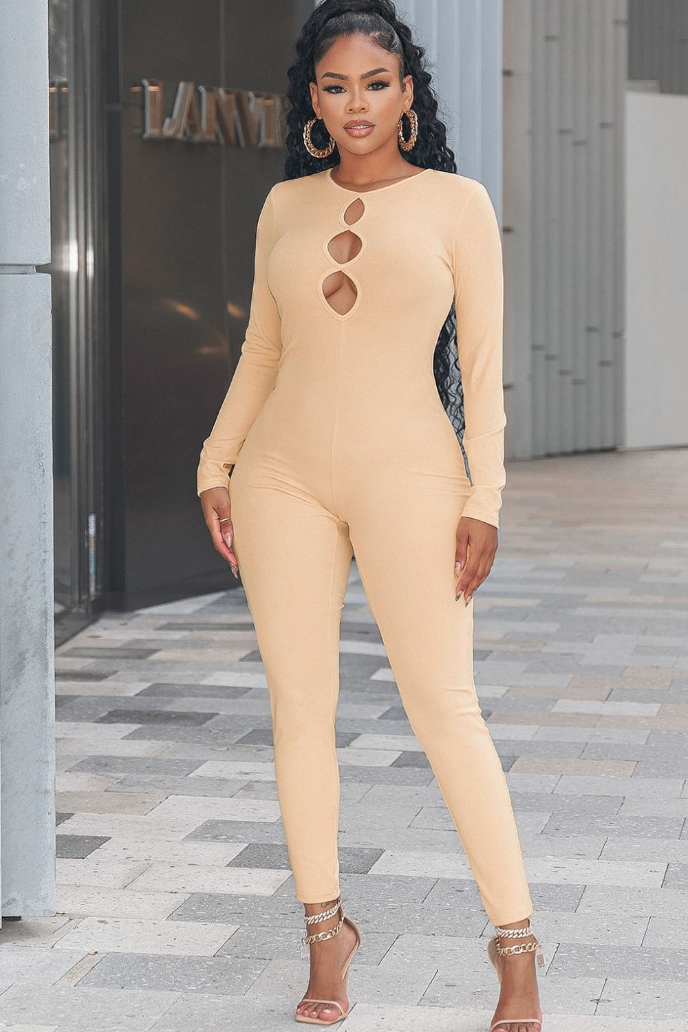 Cutout Round Neck Jumpsuit Sunset and Swim apricot S 