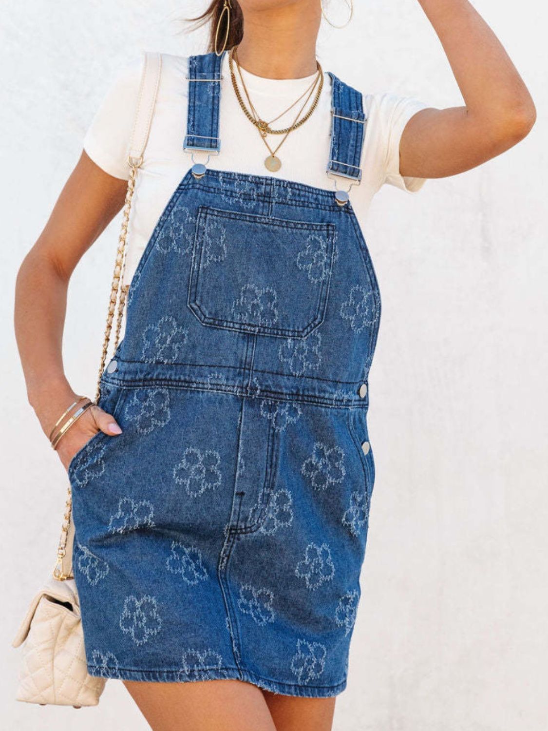 Flower Wide Strap Denim Overall Dress with Pockets Sunset and Swim   