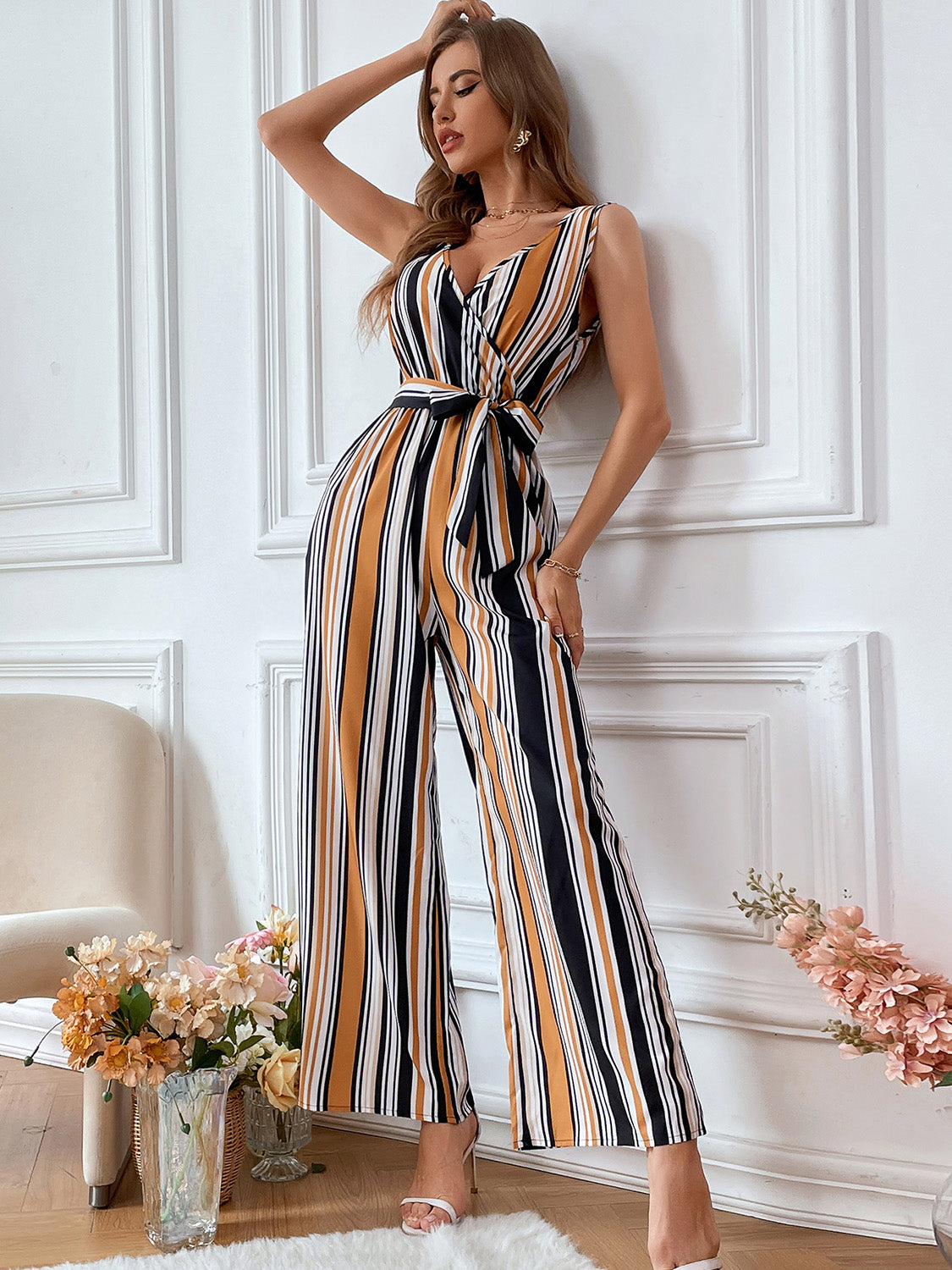 Striped Surplice Neck Sleeveless Wide Leg Jumpsuit Sunset and Swim Stripe S 