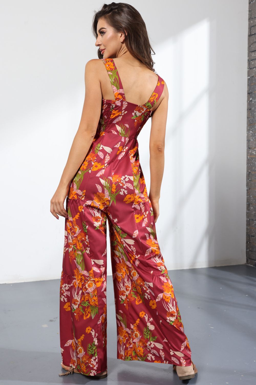 Floral Square Neck Wide Leg Jumpsuit Sunset and Swim   